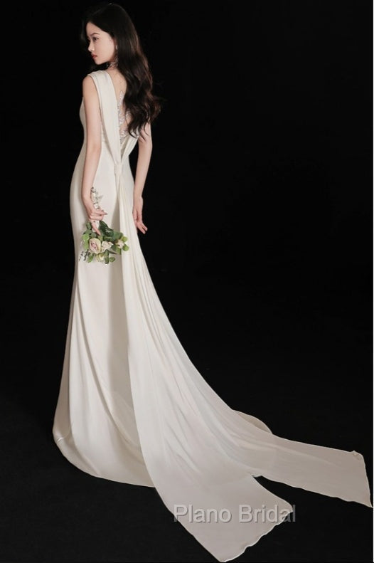 Elegant Sleeveless Mermaid Satin Simple Train Dresses Wedding Dresses With Lace Open Back