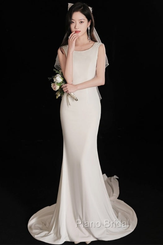 Elegant Sleeveless Mermaid Satin Simple Train Dresses Wedding Dresses With Lace Open Back