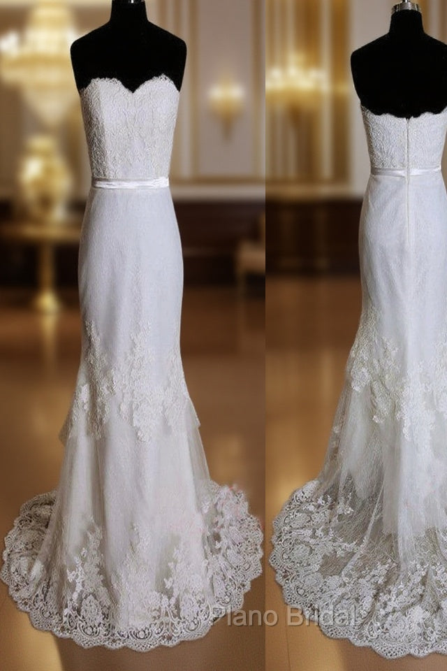 Elegant Special Column Strapless Lace Sweetheart Neckline Layered Skirt Sweep Trailing Wedding Dresses,