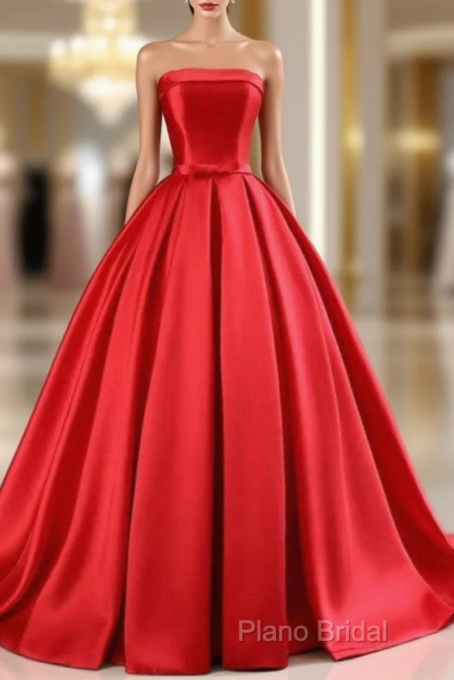 Elegant Strapless Ball Gown Red Formal Prom Dresses With Bow