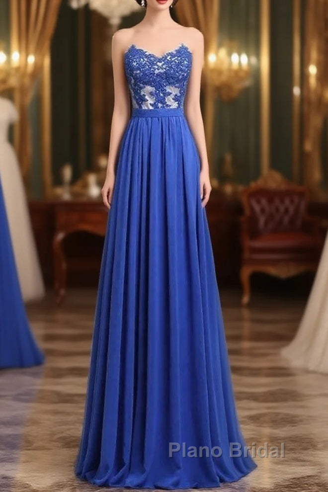 Elegant Strapless Chiffon Evening Lace Appliques Long Formal Prom Dresses Royal Blue Main image