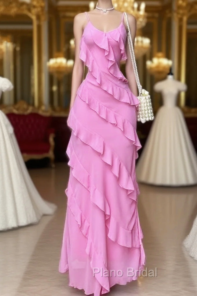 Elegant Straps Sheath Chiffon Formal Prom Dresses Pink Ruffles Long Party Dresses Main image