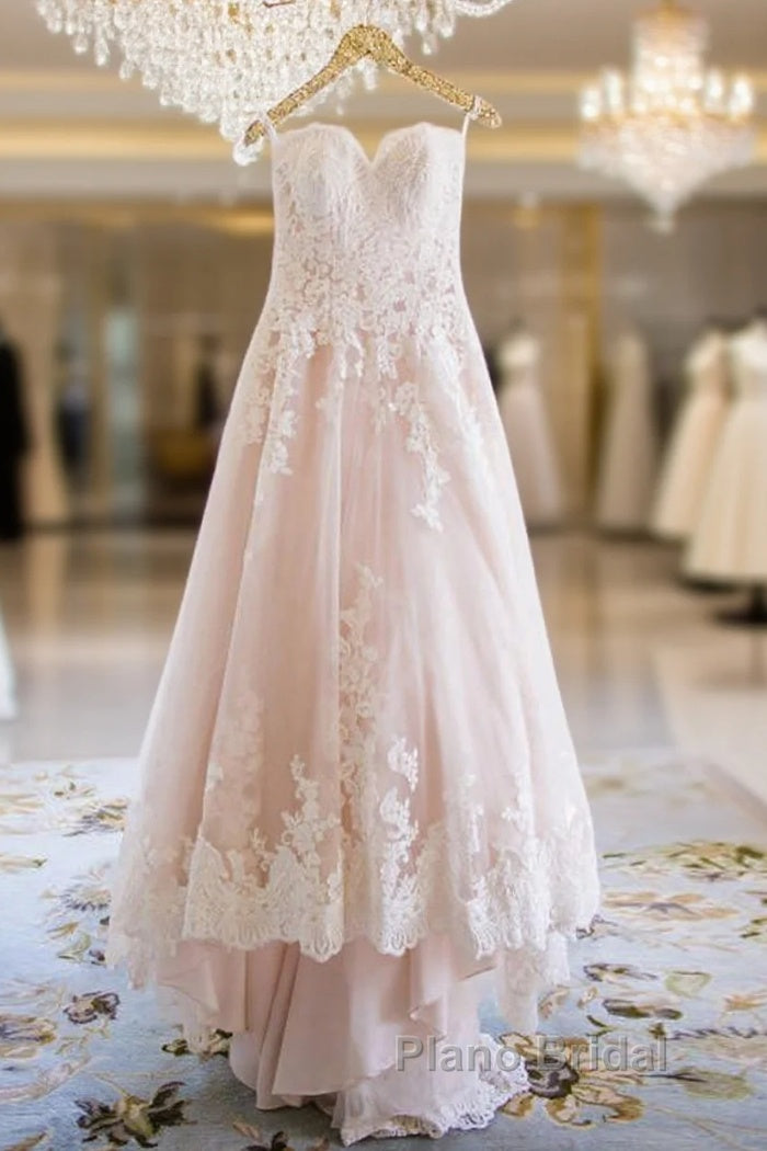Elegant Sweetheart High Low Blush Wedding Dresses With White Lace Main image