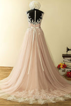Elegant Tulle Lace Long Formal Prom Dresses, A-Line Scoop Neckline Evening Dresses
