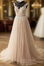 Elegant Tulle Lace Long Formal Prom Dresses, A-Line Scoop Neckline Evening Dresses