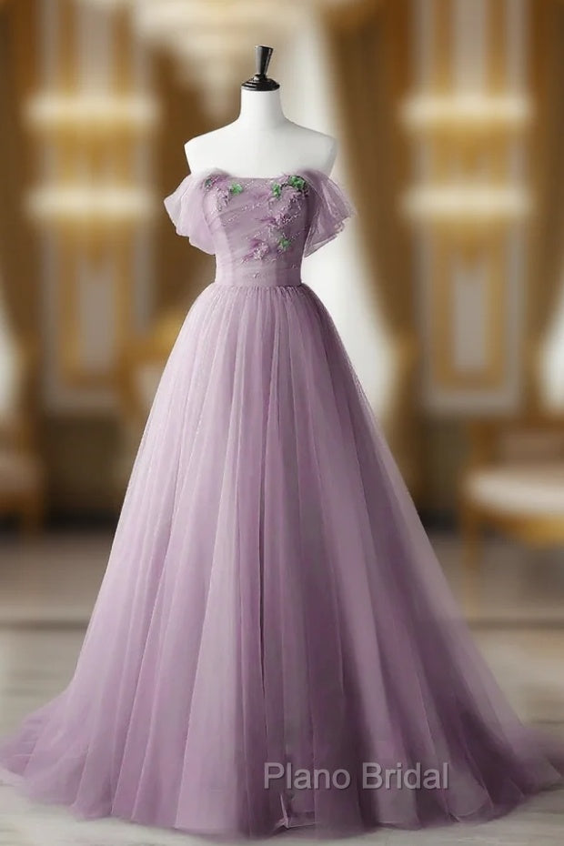 Elegant Tulle Long Party Dresses with Flowers, A-line Tulle Evening Dresses Formal Prom Dresses