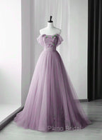 Elegant Tulle Long Party Dresses with Flowers, A-line Tulle Evening Dresses Formal Prom Dresses