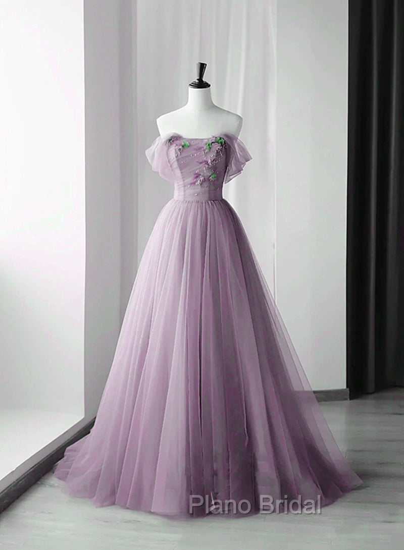Elegant Tulle Long Party Dresses with Flowers, A-line Tulle Evening Dresses Formal Prom Dresses