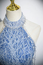 Elegant Tulle Sequins Floor Length Formal Prom Dresses, Blue Halter A-Line Evening Dresses
