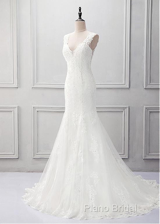 Elegant Tulle V-Neck Neckline Mermaid Wedding Dresses With Beaded Lace Appliques