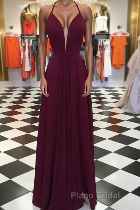 Elegant V Neck Open Back Burgundy Formal Prom Dresses, Open Back Burgundy Formal Dresses, Long Burgundy Evening Dresses Main image