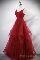 Elegant V Neck Open Back Sequins Burgundy Long Formal Prom Dress, Shiny Burgundy Formal Dress, Fluffy Burgundy Evening Dress
