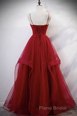 Elegant V Neck Open Back Sequins Burgundy Long Formal Prom Dress, Shiny Burgundy Formal Dress, Fluffy Burgundy Evening Dress
