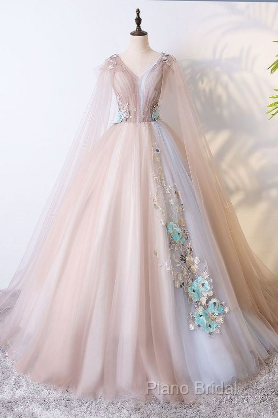 Elegant V-Neckline Champagne Tulle V-Neckline Formal Prom Dresses, Party Dresses