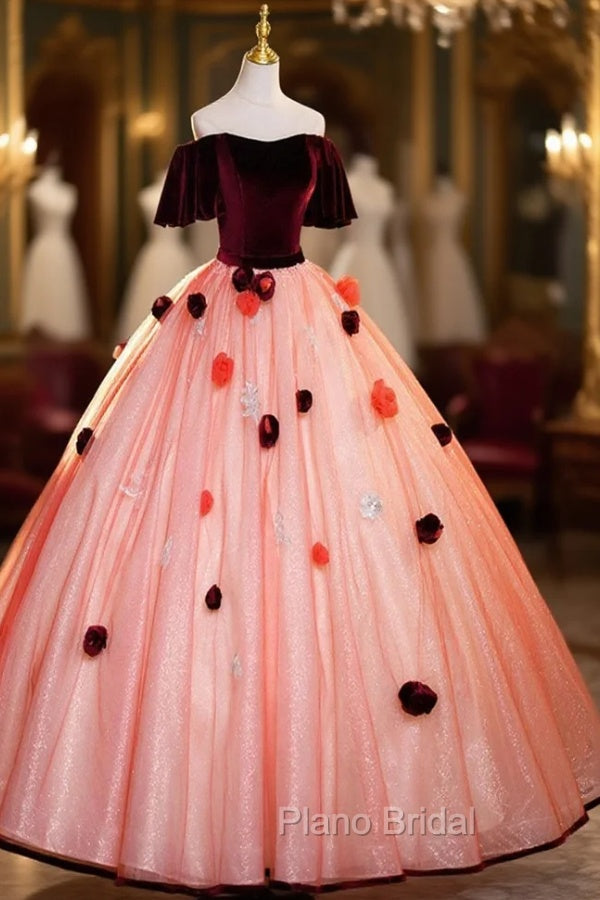 Elegant Velvet Tulle Long Formal Dresses, Burgundy Off the Shoulder Sweet Flower Party Dresses