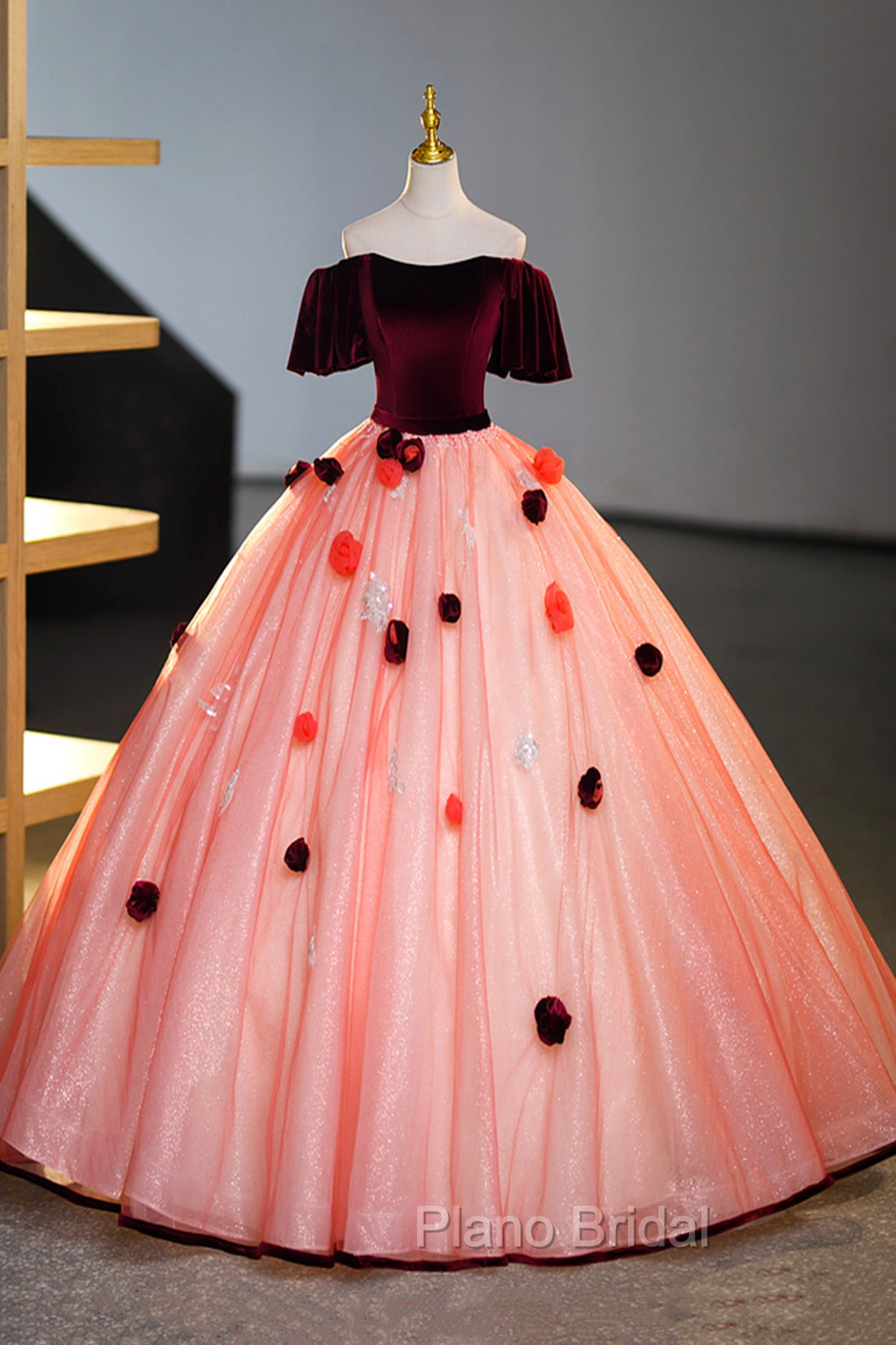 Elegant Velvet Tulle Long Formal Dresses, Burgundy Off the Shoulder Sweet Flower Party Dresses