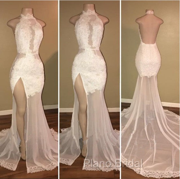 Elegant White Lace Halter Formal Prom Party GownsMermaid Backless Party Dresses With Slit