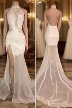 Elegant White Lace Halter Formal Prom Party GownsMermaid Backless Party Dresses With Slit