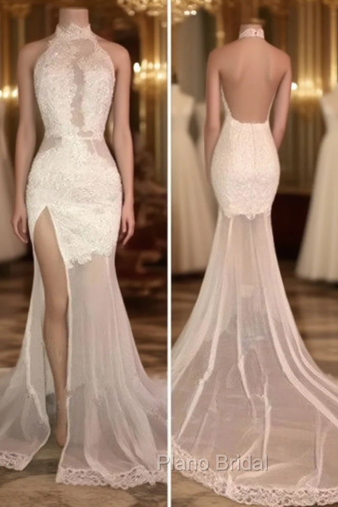 Elegant White Lace Halter Formal Prom Party GownsMermaid Backless Party Dresses With Slit