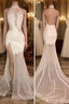 Elegant White Lace Halter Formal Prom Party GownsMermaid Backless Party Dresses With Slit