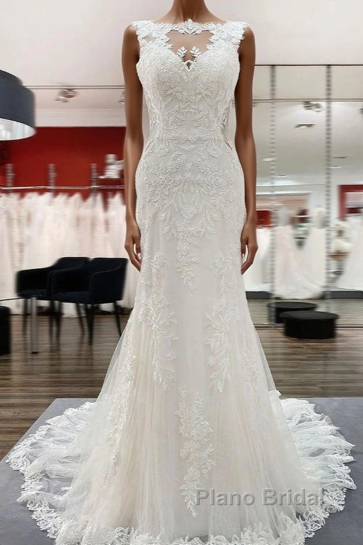 Elegant White Long Mermaid Tulle Lace Open Back Wedding Dresses Main image