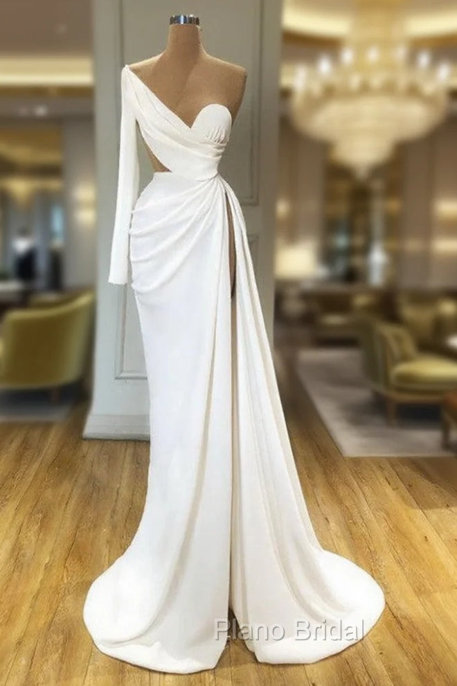 Elegant White Long Sleeve One Shoulder Formal Prom Dresses With Split Main image
