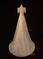 Elegant White Satin A-line Wedding Party Dresses Long Formal Prom Dresses Evening Gown