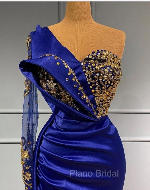 Elgeant Royal Blue One Shoulder Mermaid Formal Prom Dresses with Sleeves