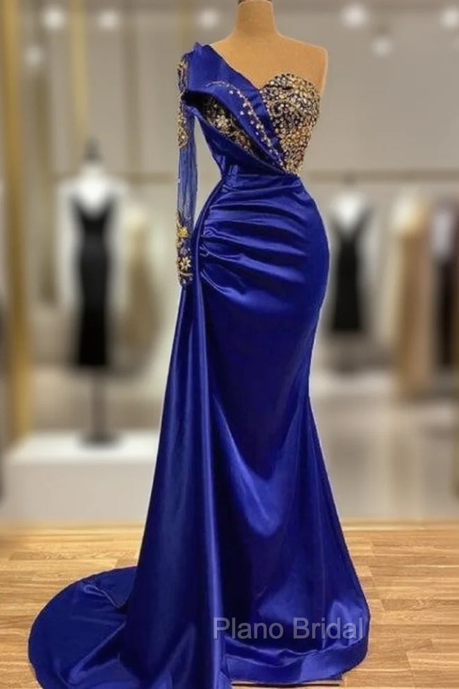 Elgeant Royal Blue One Shoulder Mermaid Formal Prom Dresses with Sleeves Main image