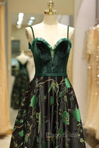 Embroidery Green Floral Long Formal Prom Evening Dresses