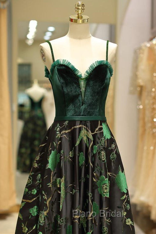 Embroidery Green Floral Long Formal Prom Evening Dresses