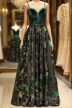 Embroidery Green Floral Long Formal Prom Evening Dresses