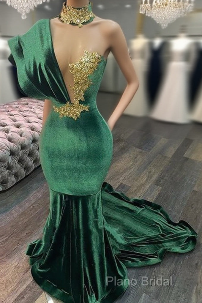 Emerald Green Formal Dresses High Neck Appliques Gold Lace Mermaid Formal Prom Dresses Sexy Formal Velvet Party Gowns Main image
