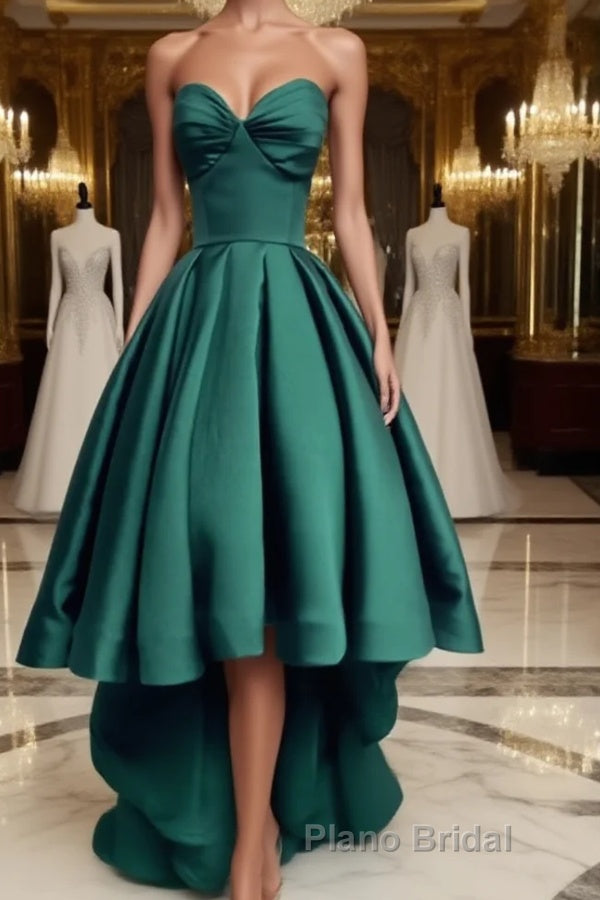 Emerald Green High Low Satin Formal Prom Dresses, Emerald Green High Low Formal Graduation Dresses Main image