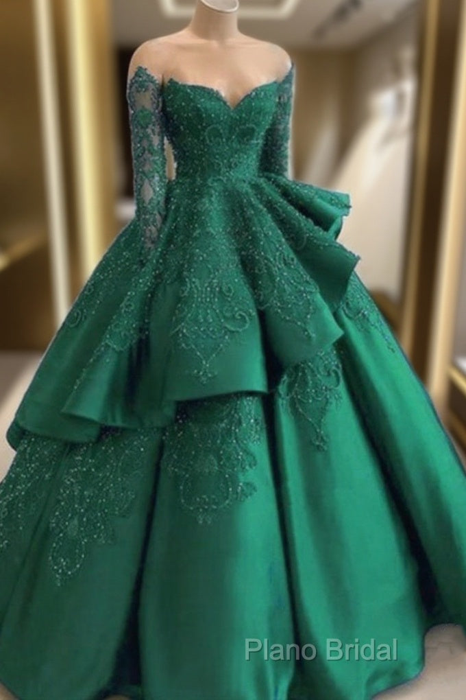 Emerald Green Formal Prom Dresses Long Sleeves Green Ball Gown Formal Prom Dresses Main image