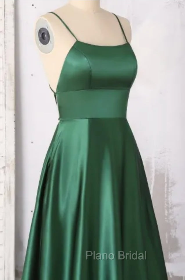 Emerald Green Formal Prom Dresses, Strappy Back Slit Simple Satin Formal Prom Dresses Secondary image