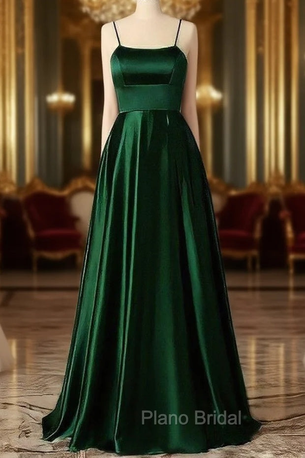 Emerald Green Formal Prom Dresses, Strappy Back Slit Simple Satin Formal Prom Dresses Main image