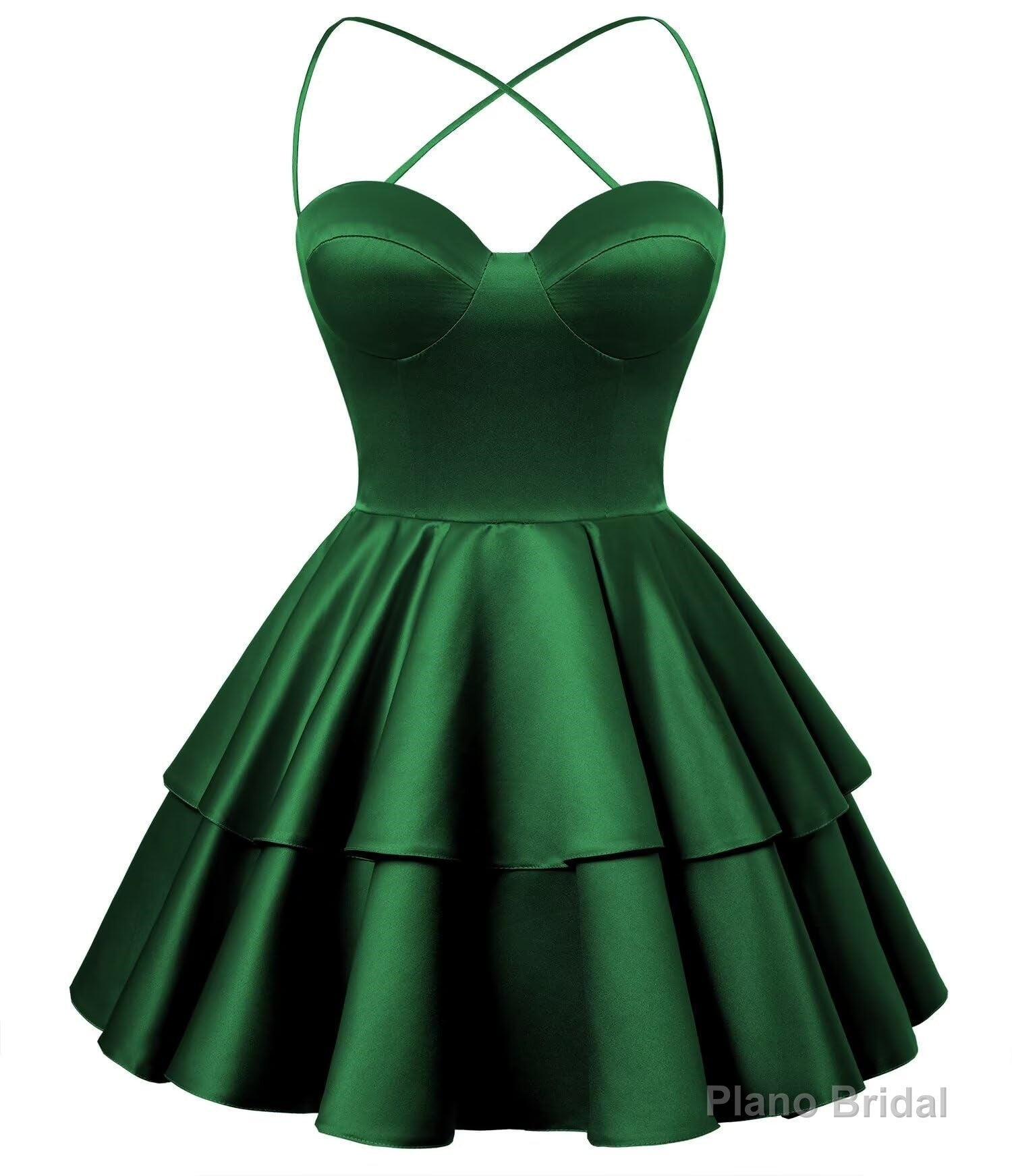 Emerald Green Satin Homecoming Dress Sweetheart Neck Tiered Short Graduation Dresses Main image