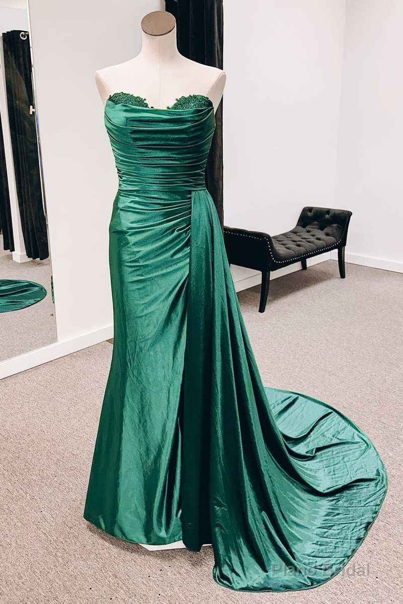 Emerald Green Satin Strapless Long Formal Dresses with Train Secondary image