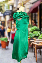 Emerald Green Sheath/Column Off-the-Shoulder Sleeveless Satin Short/Mini Homecoming Dresses With Ruffles