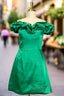 Emerald Green Sheath/Column Off-the-Shoulder Sleeveless Satin Short/Mini Homecoming Dresses With Ruffles