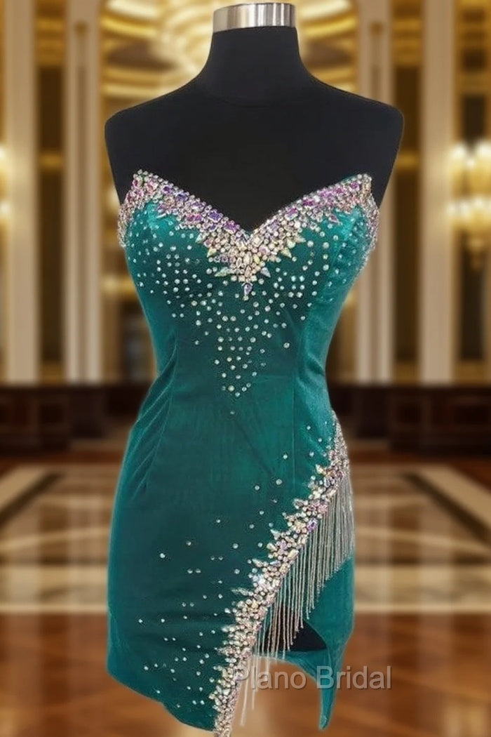 Emerald Green Velvet Strapless Beaded Short Cocktail Dresses with Tassels Main image
