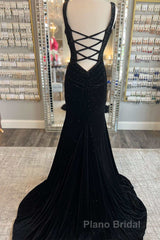 Emerald Velvet V-Neck Cutout Back Mermaid Long Prom Dresses
