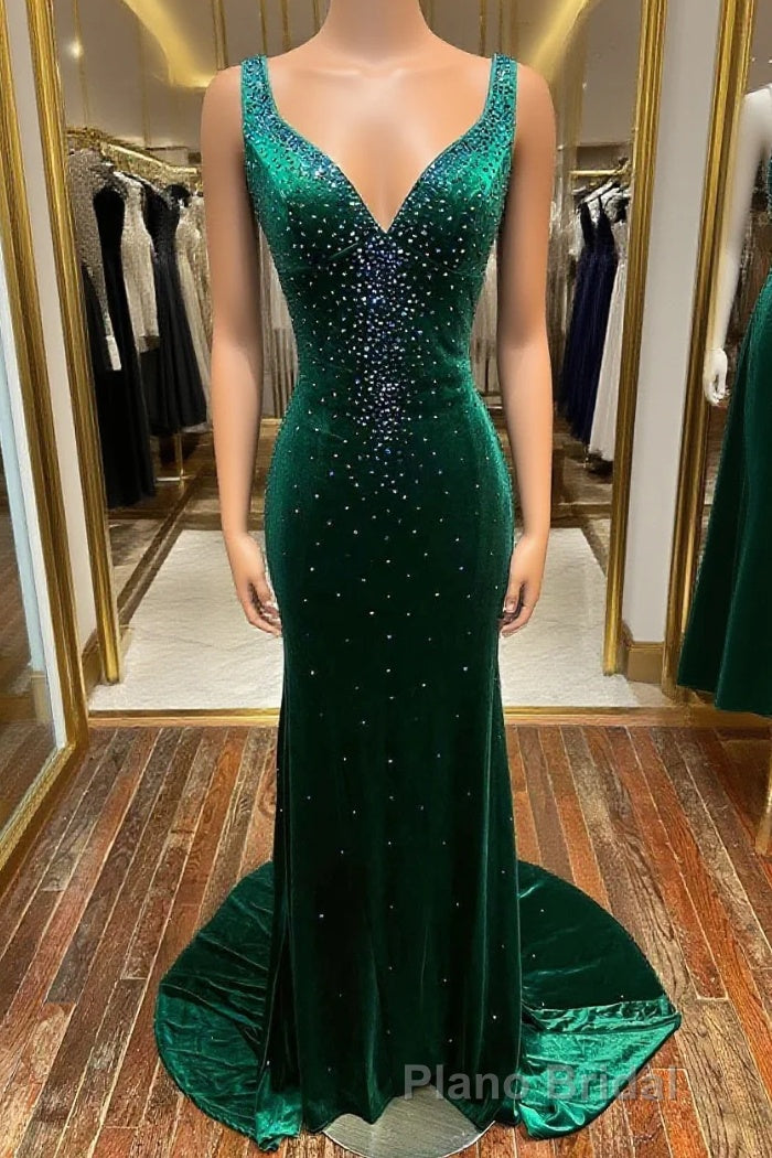 Emerald Velvet V-Neck Cutout Back Mermaid Long Prom Dresses