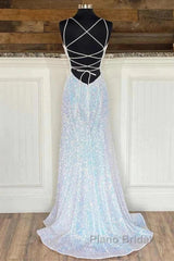 Empire Mermaid White Sequin V-Neck Formal Prom Dresses