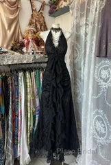Enchanted Black A-Line  Ball Gown Chiffon&Tulle Princess Halter  Open Back Design For Galas & Formal Events