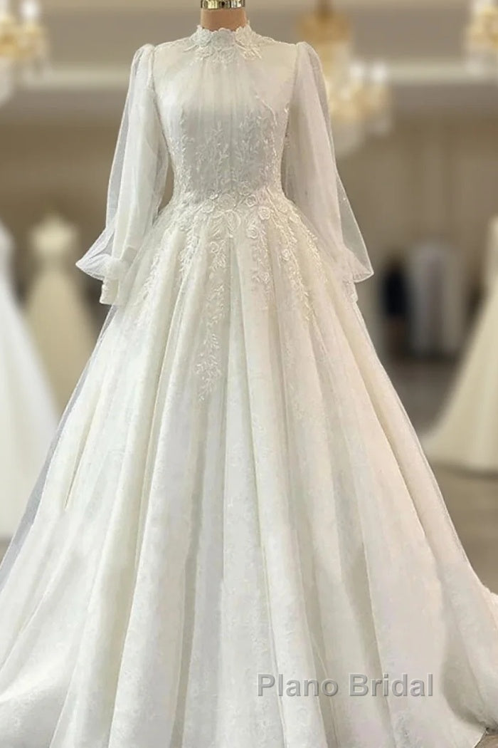 Engagement Vintage 1940S / 1950S Formal Wedding Dresses Ball Gown High Neck Long Sleeve Court Train Lace Bridal Gowns With Pleats Appliques Main image