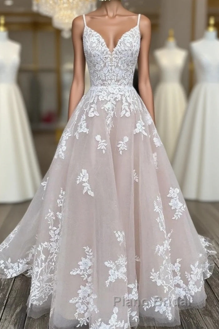Engagement Wedding Dresses In Color Formal Wedding Dresses Court Train A-Line Spaghetti Strap Sweetheart Lace With Buttons Appliques Main image
