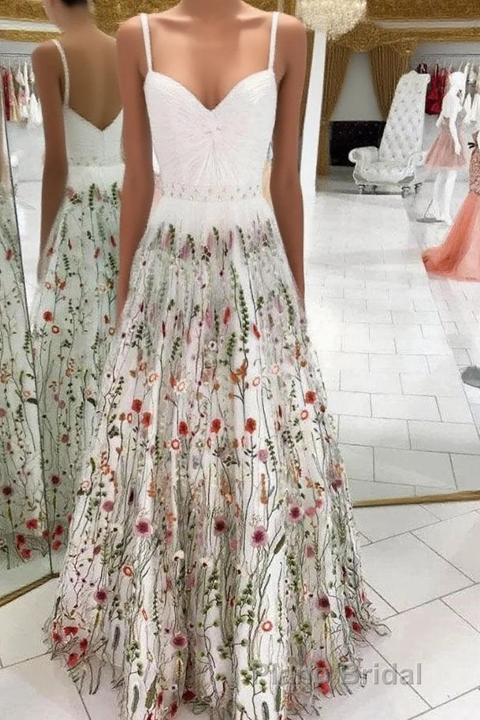 White Straps Floor Length Long Formal Prom Dresses with Lace Flowers Prom Dresses Main image