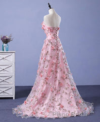 Pink Tulle 3D Flowers Long Formal Prom Dresses, Pink Evening Dresses